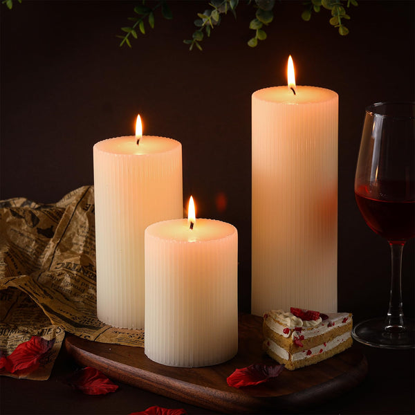 MTLEE Ribbed Pillar Candles Set of 3, Width 3" High 4" 6" 8" Large Scented Pillar Candles Decorative Aesthetic Candles Modern Home Decor(Cream)