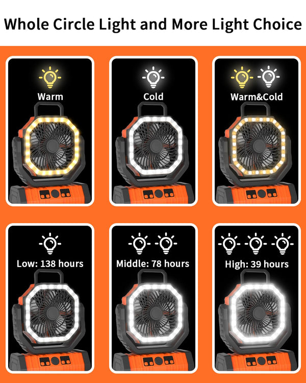 ADUST Camping Fan Battery Operated Powered Fan with LED Lantern Light 20000mAh Rechargeable Portable Fan, Oscillating Fan with 360ยฐ Rotation Hanging Hook for Tents, Cordless USB Desk Fan(Orange)
