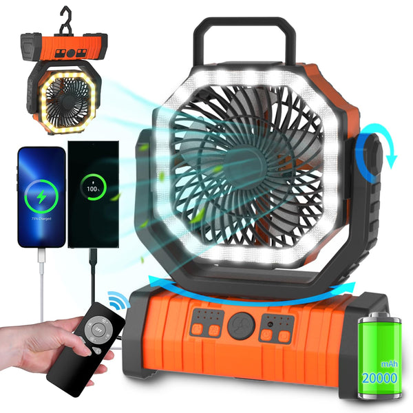 ADUST Camping Fan Battery Operated Powered Fan with LED Lantern Light 20000mAh Rechargeable Portable Fan, Oscillating Fan with 360ยฐ Rotation Hanging Hook for Tents, Cordless USB Desk Fan(Orange)