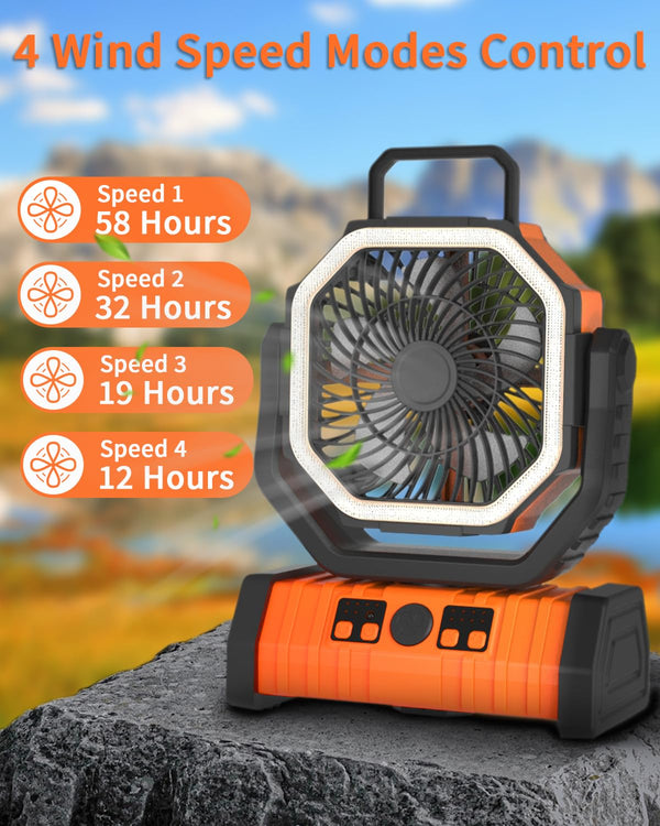 ADUST Camping Fan Battery Operated Powered Fan with LED Lantern Light 20000mAh Rechargeable Portable Fan, Oscillating Fan with 360ยฐ Rotation Hanging Hook for Tents, Cordless USB Desk Fan(Orange)