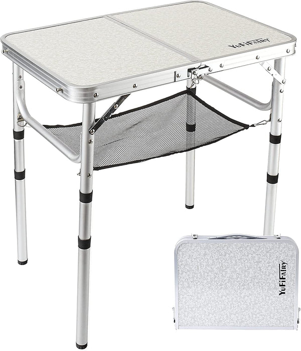 Small Folding Table 2 Foot, Portable Camping Table with Mesh Holders,Lightweight Aluminum Adjustable Height, with Carry Handle for Camping Picnic Indoor Outdoor, White 24 x 16 inch (3 Heights)