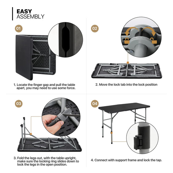 MoNiBloom 4Ft Folding Card Table, Outdoor Foldable Small Portable Plastic Dining Picnic Cookout Table w/Handle, Black