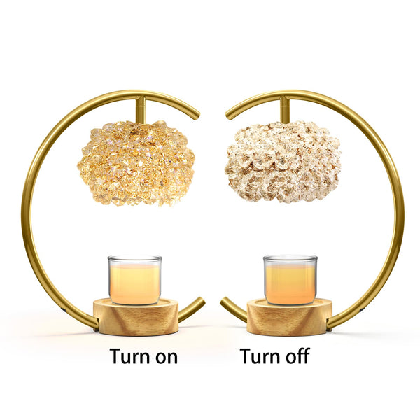 Yeuslor Candle Warmer Lamp for Jar Candles with Adjustable Brightness&Timer,Handcrafted Crystal&Wooden Base,Candle Lamp Luxurious Design+2Bulbs,Home Decoration Electric Candle lamp(Gold C-Shaped)