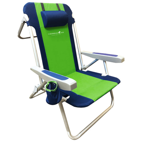 CARIBBEAN JOE Folding Beach Chair, 5 Position Portable Backpack Foldable Camping Chair with Headrest, Cup Holder, and Armrests, Navy/Green