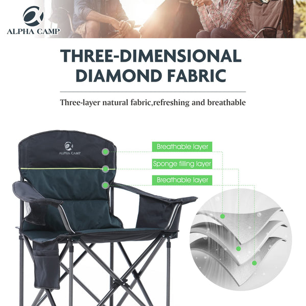 ALPHA CAMP Oversized Heavy Duty Lawn Chair with Cooler Bag Support 450 LBS Steel Frame Camping Folding Collapsible Padded Quad Lumbar Back Arm Chair for Outdoor, Portable, Green