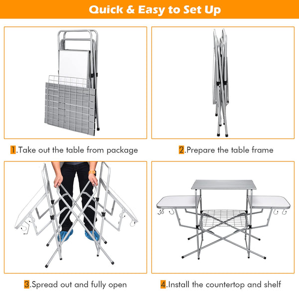 Giantex Folding Grill Table with 26'' Main Tabletop, Portable Aluminum Camping Table, Carrying Bag, Quick Set-up, Outdoor Camping Kitchen Food Prep Station for Picnic Tailgating RVing Backyard