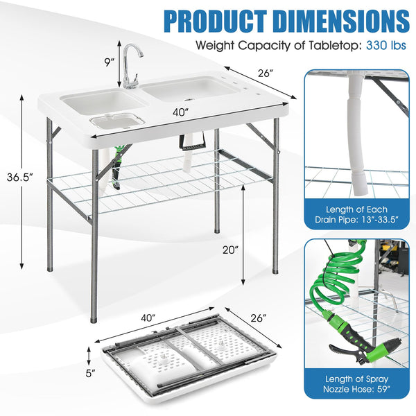 Goplus 40'' Folding Fish Cleaning Table with Dual Water Basins, Faucet Drainage Hose & Sprayer, Portable Camping Sink Table, Outdoor Fish Fillet Cleaning Station with Grid Rack for Picnic