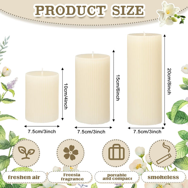 MTLEE Ribbed Pillar Candles Set of 3, Width 3" High 4" 6" 8" Large Scented Pillar Candles Decorative Aesthetic Candles Modern Home Decor(Cream)