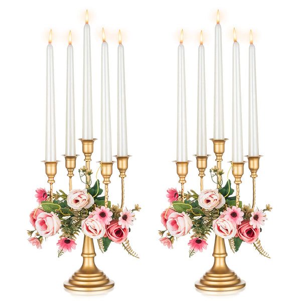 NUPTIO Gold Candelabras Candle Holder Set of 2 Metal Candelabra Centerpieces 5 Branches Candle Stick Stands Candleholder Fireplace Wedding Reception Antique Decorative Dinning Table Christmas