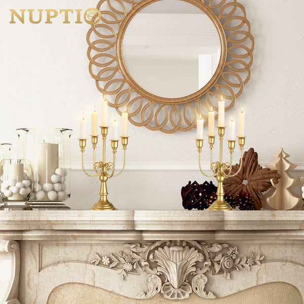 NUPTIO Gold Candelabras Candle Holder Set of 2 Metal Candelabra Centerpieces 5 Branches Candle Stick Stands Candleholder Fireplace Wedding Reception Antique Decorative Dinning Table Christmas