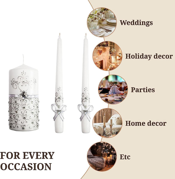 Unity Candles for Wedding Ceremony Set - 3 Pcs 6" Pillar & 2 10" Tapers Candles - Unity Decorative Wedding Candle White Ceremonial Candles - Velas Decorativas para Boda - Wedding Table Centerpiece