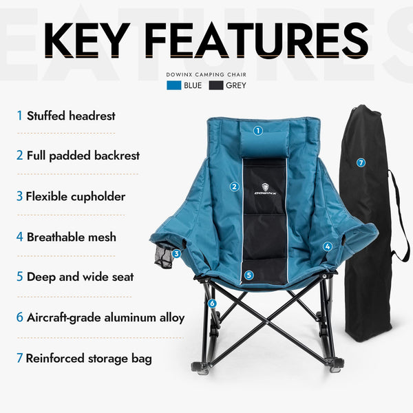 Dowinx Oversized Rocking Camping Chair, Fully Padded Patio Chair with Side Pocket and Carry Bag, High Back Portable Lawn Recliner with Headrest, Support 300 lbs, Blue
