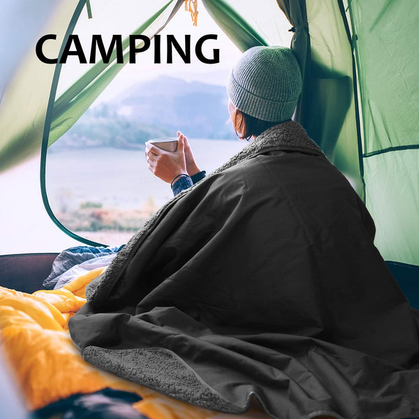 Tirrinia Outdoors Waterproof Blanket, Sherpa Fleece Stadium Windproof Throw Mat for Camping, Picnic, Traveling, Boat, Football - Machine Washable, Black