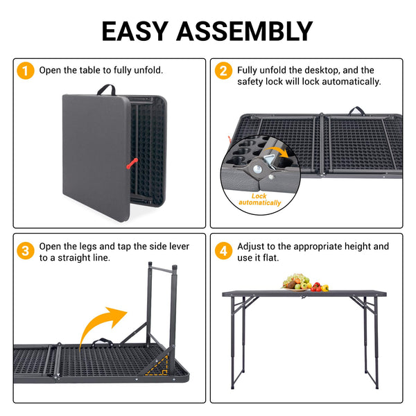 Byliable Folding Table 4 Foot, Portable Plastic Card Heavy Duty Fold-in-Half Small Foldable Table, Indoor Outdoor Adjustable Height Folding Table with Carrying Handle for Picnic, Camping, Party, Grey