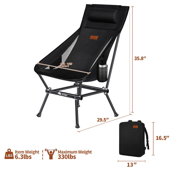 AnYoker Camping Chair, Compact Backpacking Chair, Portable Folding Chair, Beach Chair with Side Pocket and headrest, Lightweight Hiking Chair 188ZZ-SJB(Black)