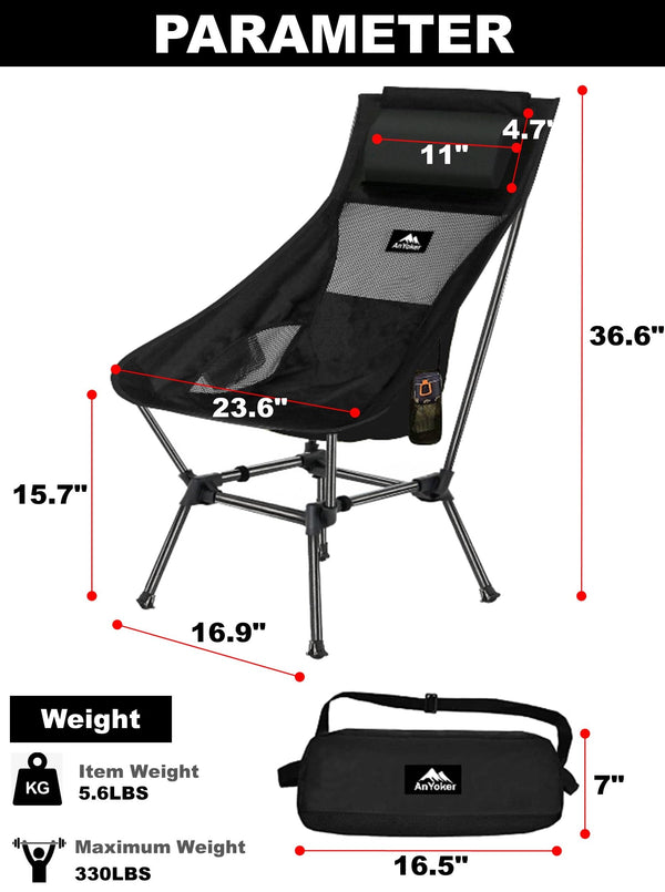 AnYoker Camping Chair Over Size, 2 Way Compact Backpacking Chair, Portable Folding Chair, Beach Chair with Side Pocket and headrest, Lightweight Hiking Chair 0166WBA (Black)