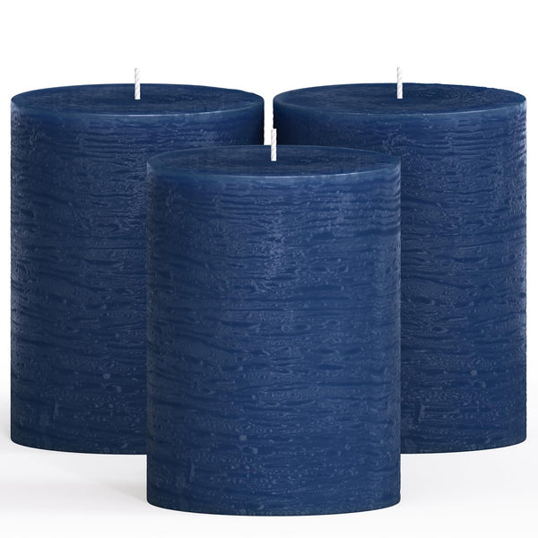 CANDWAX 3x4 Pillar Candle Set of 3 - Decorative Rustic Candles Unscented and No Drip Candles - Ideal as Large Candles for Home Interior - Dark Blue Candles