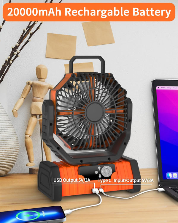 ADUST Camping Fan Battery Operated Powered Fan with LED Lantern Light 20000mAh Rechargeable Portable Fan, Oscillating Fan with 360ยฐ Rotation Hanging Hook for Tents, Cordless USB Desk Fan(Orange)