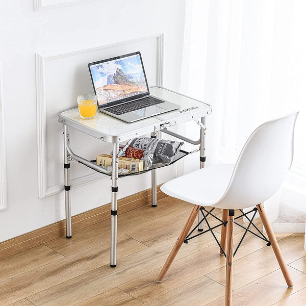 Small Folding Table 2 Foot, Portable Camping Table with Mesh Holders,Lightweight Aluminum Adjustable Height, with Carry Handle for Camping Picnic Indoor Outdoor, White 24 x 16 inch (3 Heights)