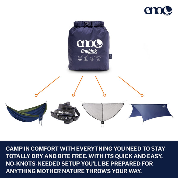 ENO OneLink Hammock System - Includes DoubleNest Hammock, Atlas Suspension System, Guardian Bug Net, and ProFly Rain Tarp - Set of Hammock Essentials for Camping, Hiking, or a Festival - Navy/Olive