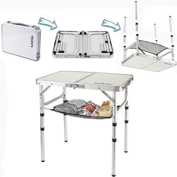 Small Folding Table 2 Foot, Portable Camping Table with Mesh Holders,Lightweight Aluminum Adjustable Height, with Carry Handle for Camping Picnic Indoor Outdoor, White 24 x 16 inch (3 Heights)