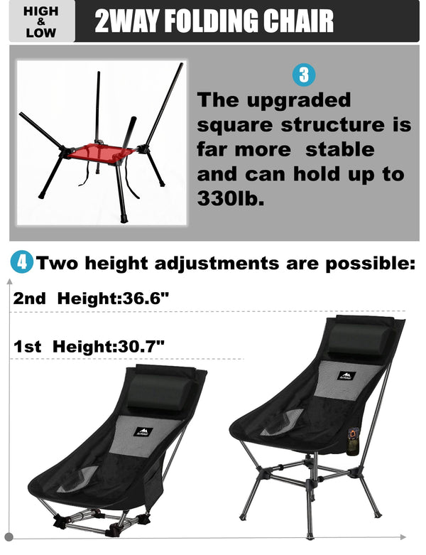 AnYoker Camping Chair Over Size, 2 Way Compact Backpacking Chair, Portable Folding Chair, Beach Chair with Side Pocket and headrest, Lightweight Hiking Chair 0166WBA (Black)