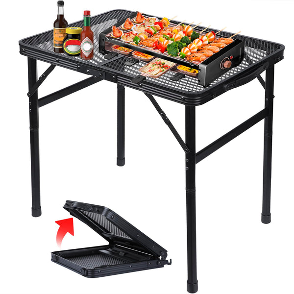 Folding Grill Table Metal Portable Camping Table with Mesh Desktop Lightweight & Foldable Height Adjustable Black Picnic Table for RV, BBQ Outside Inside