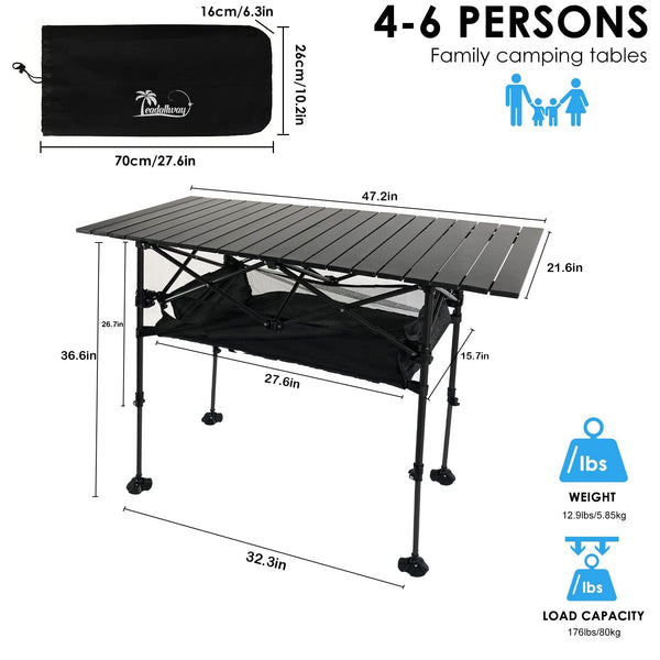 LEADALLWAY Adjustable Height Aluminum Camping Table Folding Portable Outdoor Table with Large Storage Organizer and Carrying Bags Big Foot Upgrade Collapsible Picnic Table 47(L) x22(W)