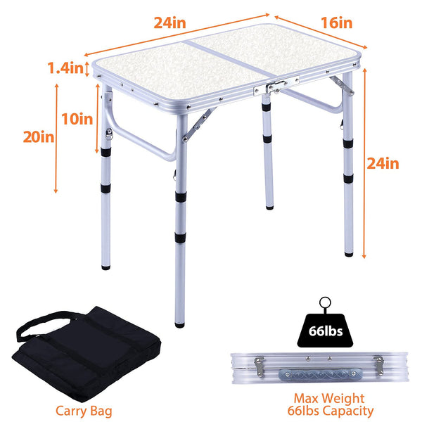 JUOIFIP Outdoor Small Portable Folding Table, 3 Adjustable Height Foldable Camping Table for Camp, Lightweight Aluminum Fold Up Table for Picnic, BBQ, Party, Travel, Home Use. White
