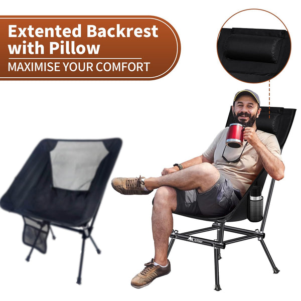 AnYoker Camping Chair, Compact Backpacking Chair, Portable Folding Chair, Beach Chair with Side Pocket and headrest, Lightweight Hiking Chair 188ZZ-SJB(Black)