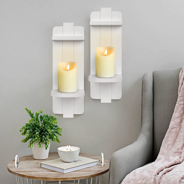 Rustic Wood Wall Sconces Set of 2 - Farmhouse Floating Candle Holders for Home Decor, White Wall Shelf for Living Room, Dining Room, Bedroom, Bathroom