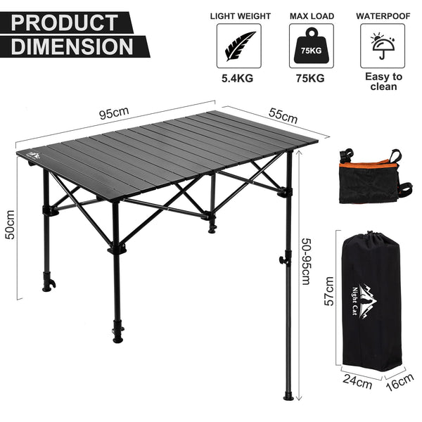 Night Cat Camping Table with Storage Basket Foldable Picnic Table for Outdoor Indoor Lightweight Rustless Adjustable Height 1.7-3ft BBQ Garden Backyard 75KG 37x22in