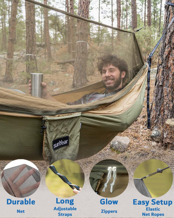 Sunyear Hammock Camping with Rain Fly Tarp and Net, Portable Camping Hammock Double Tree Hammock Outdoor Indoor Backpacking Travel & Survival, 2 Tree Straps,100% Waterproof