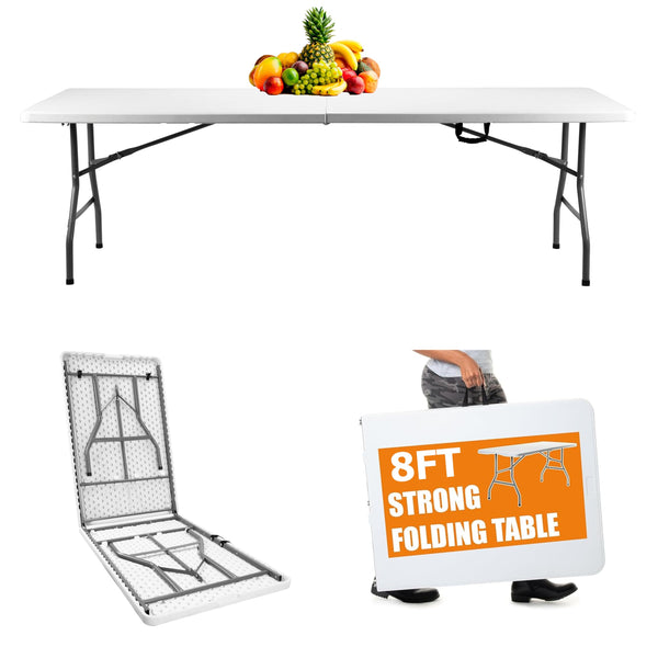 VTOY 8FT(30" x 96") Folding Table, Indoor Outdoor Heavy Duty Picnic Table with Carrying Handle,Plastic Fold up Table for Picnic, Party, Camping,Office - White (8FT)