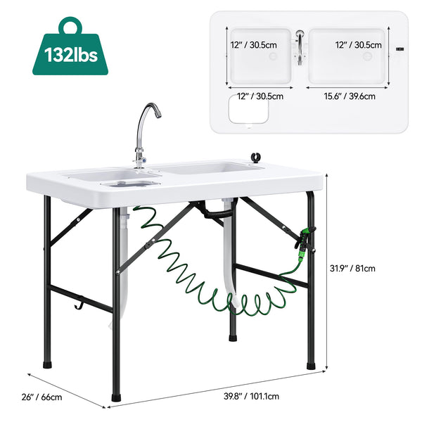 Yitahome Fish Cleaning Table with Deep Sinks & Sprayer 40" Portable Fish Cleaning Table w/Water Hose Hookup & Faucet, Folding Camping Sink Table Ideal for Picnic Fishing, White