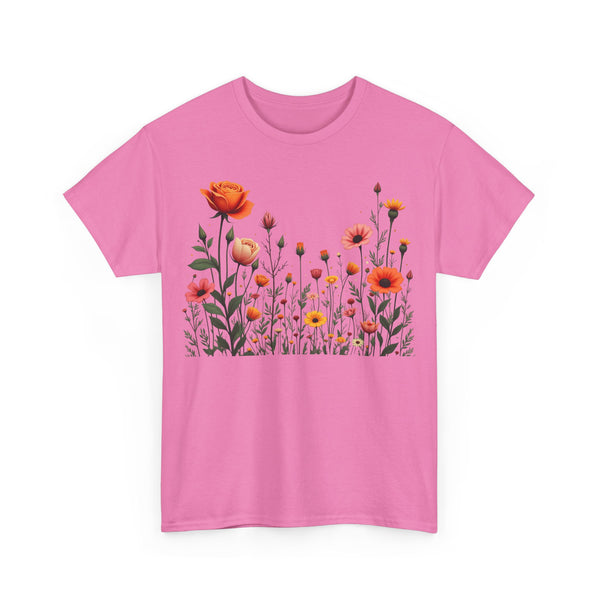 Wildflowers and Orange Roses, Graphic T-Shirts for Women, Floral Shirt, Womens Short Sleeve, Ladies Graphic Tees #5042TTS
