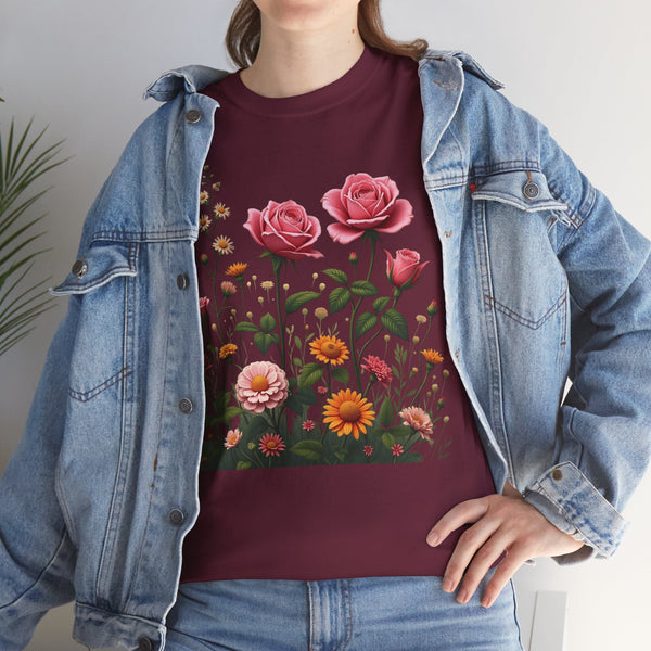 Wildflowers and Pink Roses, Graphic T-Shirts for Women, Floral Shirt, Womens Short Sleeve, Ladies Graphic Tees #5013TTS