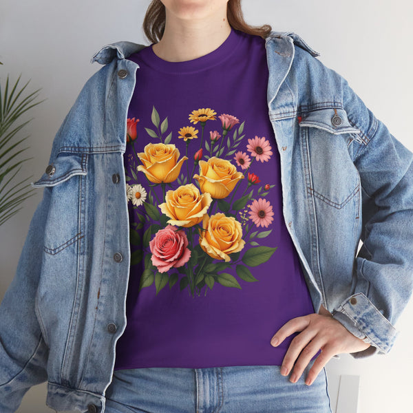 Wildflowers and Pink & Yellow Roses, Graphic T-Shirts for Women, Floral Shirt, Womens Short Sleeve, Ladies Graphic Tees #5137TTS