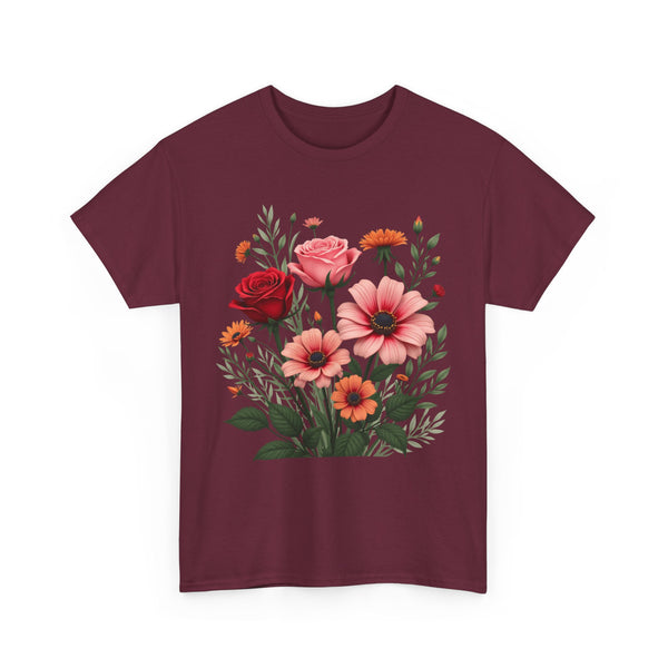Wildflowers and Pink & Red Roses, Graphic T-Shirts for Women, Floral Shirt, Womens Short Sleeve, Ladies Graphic Tees #5133TTS