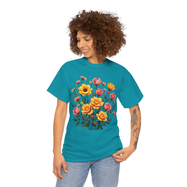 Wildflowers and Pink & Yellow Roses, Graphic T-Shirts for Women, Floral Shirt, Womens Short Sleeve, Ladies Graphic Tees #5139TTS