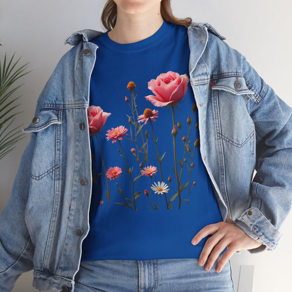 Wildflowers and Pink Roses, Graphic T-Shirts for Women, Floral Shirt, Womens Short Sleeve, Ladies Graphic Tees #5018TTS