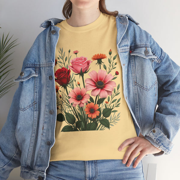 Wildflowers and Pink & Red Roses, Graphic T-Shirts for Women, Floral Shirt, Womens Short Sleeve, Ladies Graphic Tees #5133TTS