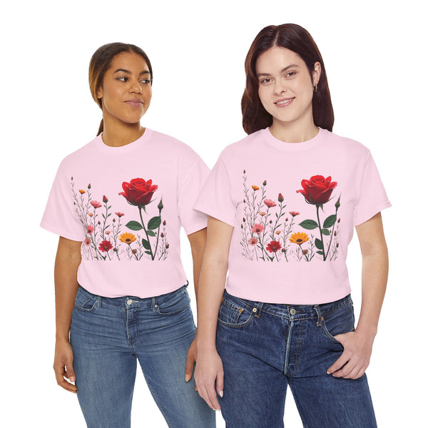 Wildflowers and a Red Rose, Graphic T-Shirts for Women, Floral Shirt, Womens Short Sleeve, Ladies Graphic Tees #5006TTS