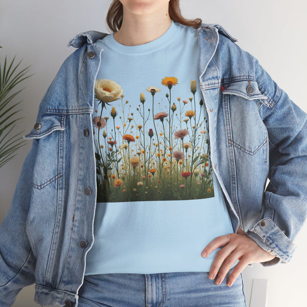 Wildflowers and White Roses, Graphic T-Shirts for Women, Floral Shirt, Womens Short Sleeve, Ladies Graphic Tees #5041TTS
