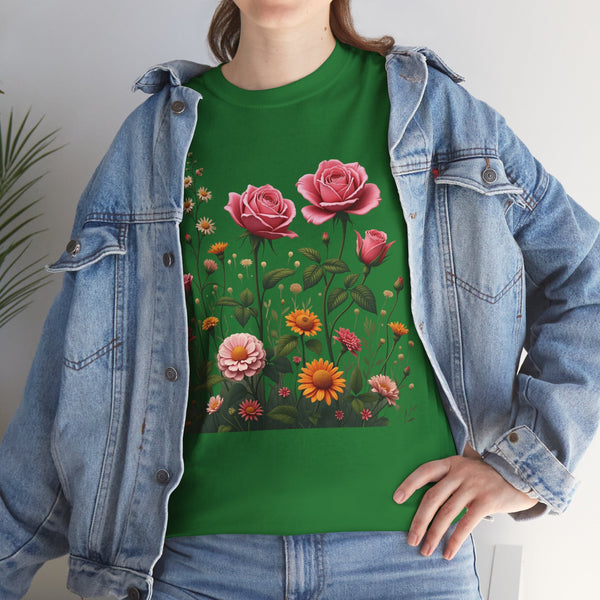 Wildflowers and Pink Roses, Graphic T-Shirts for Women, Floral Shirt, Womens Short Sleeve, Ladies Graphic Tees #5013TTS