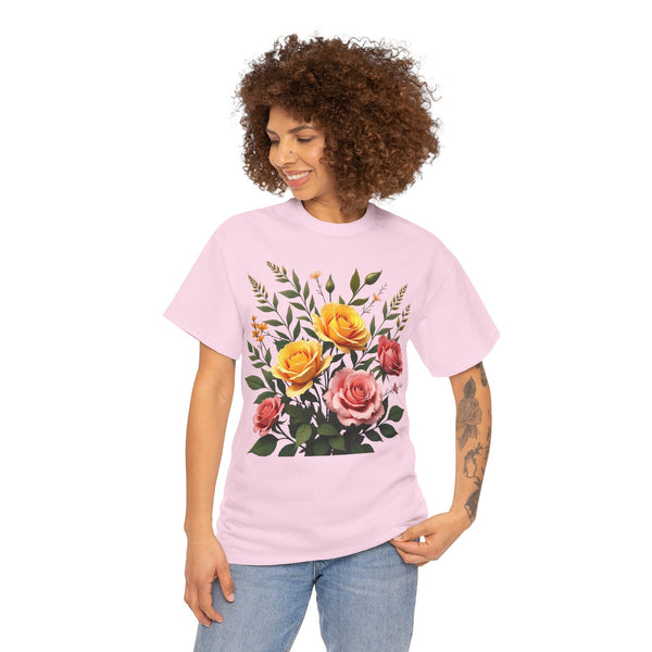 Wildflowers and Pink & Yellow Roses, Graphic T-Shirts for Women, Floral Shirt, Womens Short Sleeve, Ladies Graphic Tees #5149TTS