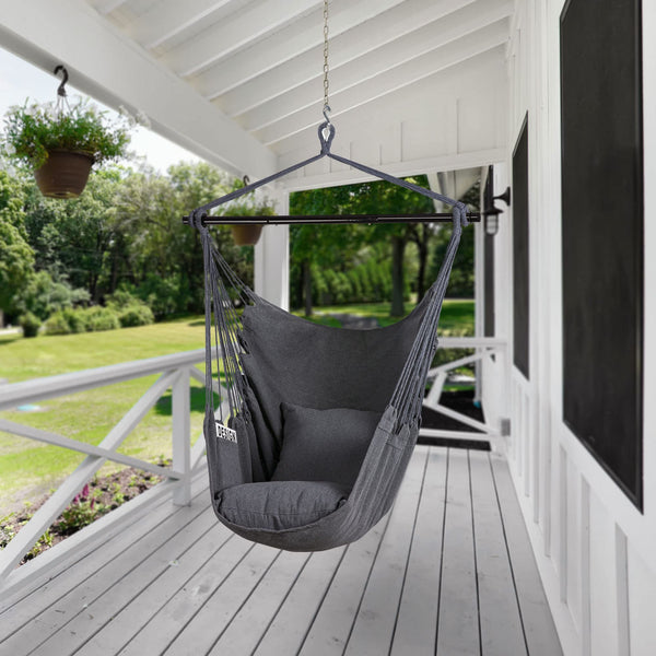 SUNCREAT Hammock Chair Swing with Steel Support Bar, Side Pocket, Large Hanging Chair Outdoor, Max 450lbs Capacity, Dark Gray