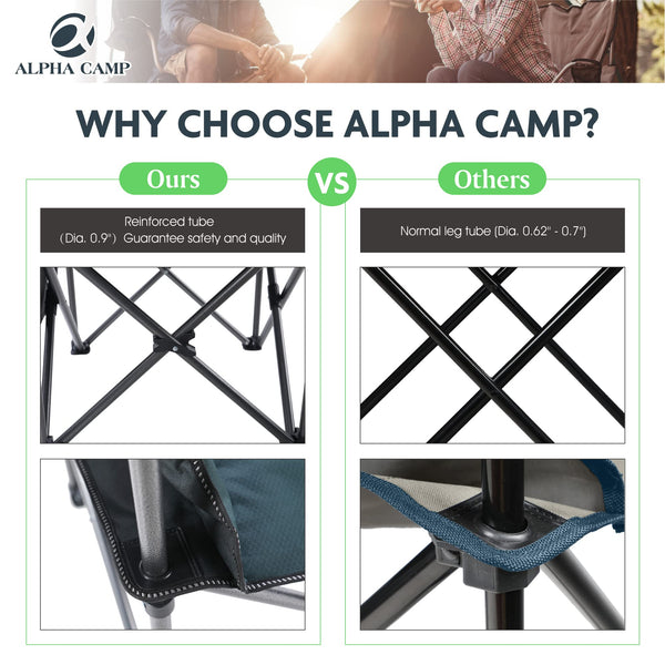 ALPHA CAMP Oversized Heavy Duty Lawn Chair with Cooler Bag Support 450 LBS Steel Frame Camping Folding Collapsible Padded Quad Lumbar Back Arm Chair for Outdoor, Portable, Green