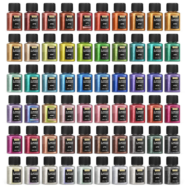 Arteza Mica Powder, Set of 60 Colors x 0.18 oz Jars, Craft Supplies for Paint, Epoxy Resin, Candle Making & DIY Crafts
