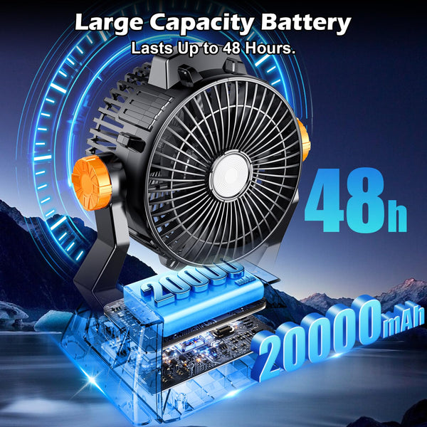 Camping Fan - Rechargeable Tent Fan for Camping 20000mAh for 48Hrs Cooling, Dual Motor & Dual Fan Blade Portable Battery Operated Fan with Timers, USB Personal Fan for Fishing, Hurricane Season